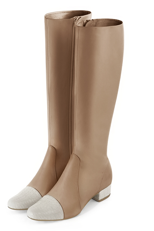 Off white and tan beige women's feminine knee-high boots. Round toe. Low block heels. Made to measure. Front view - Florence KOOIJMAN